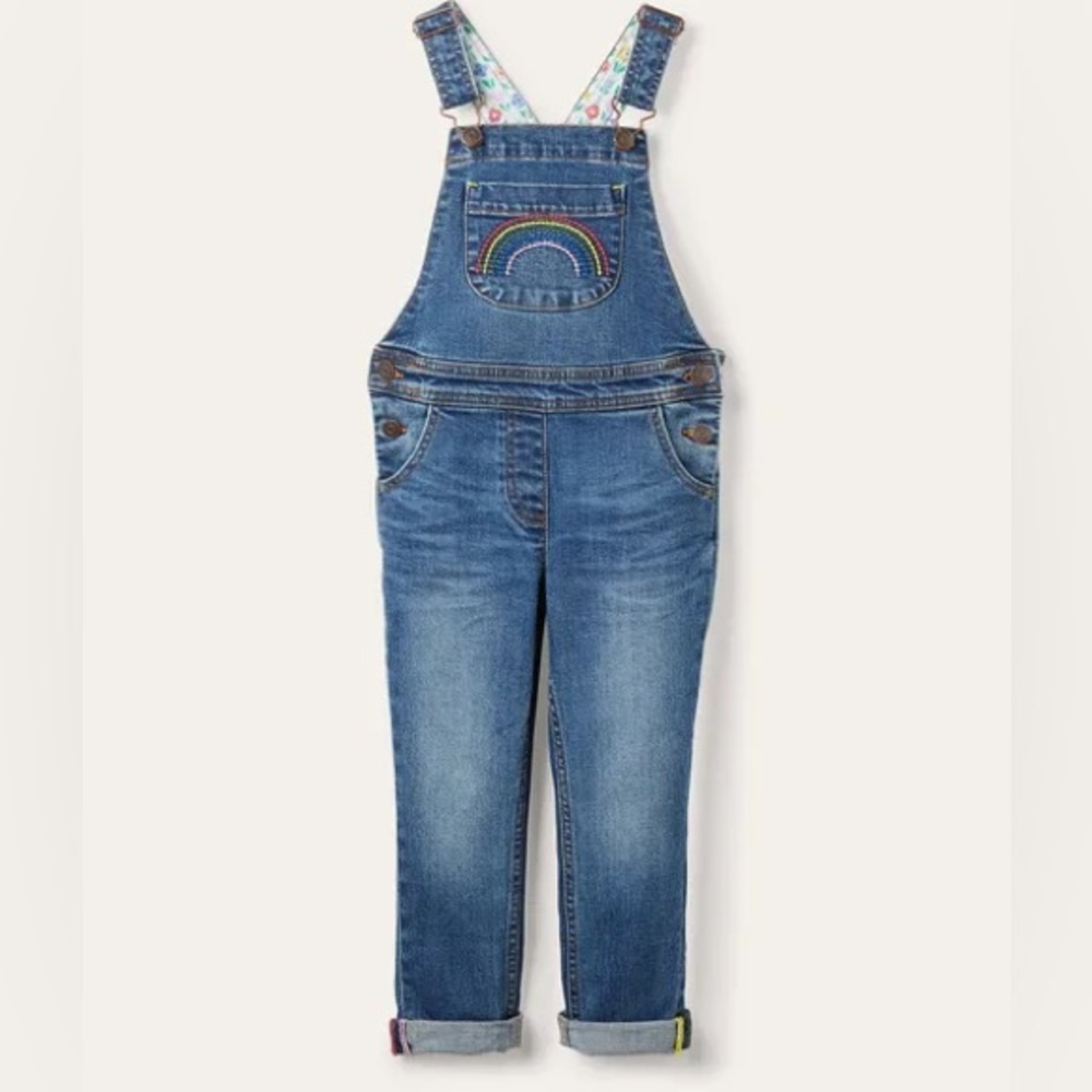NEVER WORN: BODEN FUN OVERALLS Light Vintage Denim Rainbow